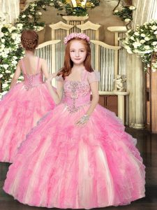 Floor Length Ball Gowns Sleeveless Baby Pink Girls Pageant Dresses Lace Up