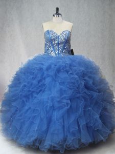 Fitting Sweetheart Sleeveless Lace Up Quinceanera Gown Blue Tulle