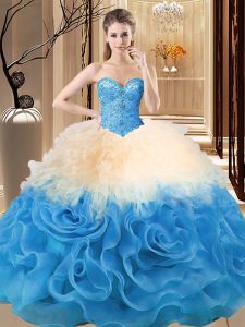 Enchanting Multi-color Organza and Fabric With Rolling Flowers Lace Up Sweet 16 Quinceanera Dress Sleeveless Floor Length Beading and Ruffles