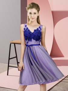 Elegant Lavender Empire Appliques Damas Dress Lace Up Tulle Sleeveless Knee Length