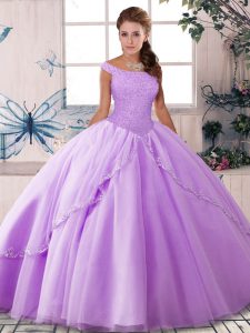 Trendy Sleeveless Tulle Brush Train Lace Up Quinceanera Gowns in Lavender with Beading