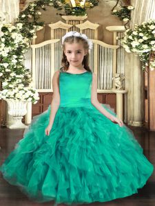 New Arrival Sleeveless Tulle Floor Length Lace Up Little Girl Pageant Dress in Turquoise with Ruffles