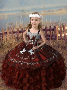 Rust Red Sleeveless Floor Length Embroidery and Ruffled Layers Lace Up Child Pageant Dress