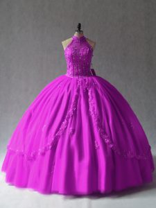 Exquisite Fuchsia Ball Gowns Tulle Halter Top Sleeveless Appliques Floor Length Lace Up Quince Ball Gowns