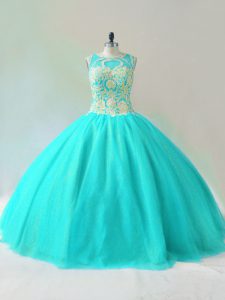 Designer Aqua Blue Ball Gowns Scoop Sleeveless Tulle Floor Length Lace Up Beading Sweet 16 Dress