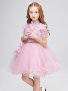 Customized Mini Length Baby Pink Little Girl Pageant Dress High-neck Short Sleeves Zipper