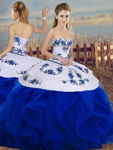 Fashionable Royal Blue Tulle Lace Up Sweet 16 Dress Sleeveless Floor Length Embroidery and Ruffles and Bowknot