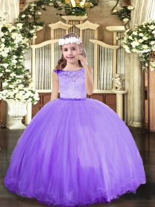 Sleeveless Tulle Floor Length Zipper Pageant Dress for Teens in Lavender with Lace