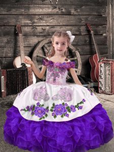 Charming Purple Organza Lace Up Off The Shoulder Sleeveless Floor Length Custom Made Pageant Dress Beading and Embroidery and Ruffles