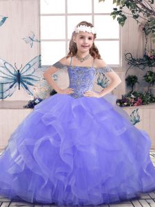 Trendy Lavender Sleeveless Floor Length Beading and Ruffles Lace Up Little Girl Pageant Dress