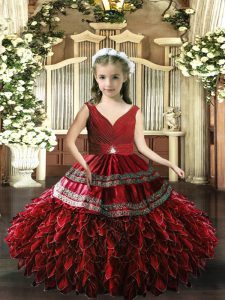 Excellent Red V-neck Neckline Beading and Appliques and Ruffles Little Girls Pageant Dress Sleeveless Backless