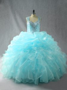 Straps Sleeveless Tulle Quince Ball Gowns Beading and Ruffles Zipper