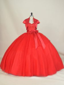 Romantic Floor Length Ball Gowns Sleeveless Red Quinceanera Dress Lace Up