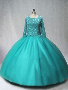 Custom Design Turquoise Long Sleeves Beading Floor Length Quinceanera Dress