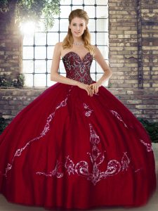 Affordable Wine Red Sleeveless Tulle Lace Up Quinceanera Dresses for Military Ball and Sweet 16 and Quinceanera