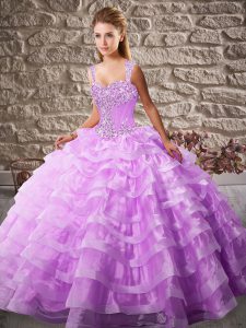 Vintage Floor Length Lace Up Quinceanera Dress Lilac for Sweet 16 and Quinceanera with Beading and Ruffled Layers