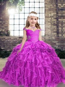 Beading and Ruffles Little Girl Pageant Gowns Fuchsia Lace Up Sleeveless Floor Length