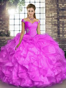 High End Lilac Off The Shoulder Lace Up Beading and Ruffles 15 Quinceanera Dress Sleeveless