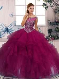 Sleeveless Floor Length Beading and Ruffles Zipper Quince Ball Gowns with Fuchsia