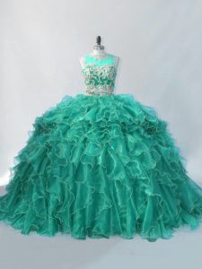 Amazing Turquoise Two Pieces Beading and Ruffles Vestidos de Quinceanera Zipper Organza Sleeveless