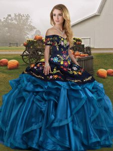 Fashionable Blue And Black Off The Shoulder Neckline Embroidery and Ruffles Sweet 16 Dress Sleeveless Lace Up