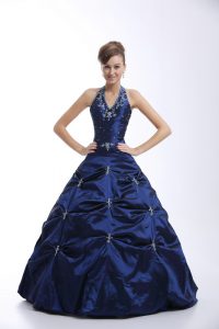 High Class Ball Gowns Quinceanera Dresses Royal Blue Halter Top Taffeta Sleeveless Floor Length Lace Up