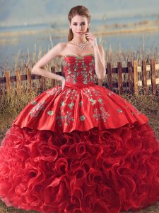 Luxury Sweetheart Sleeveless Fabric With Rolling Flowers Vestidos de Quinceanera Embroidery and Ruffles Brush Train Lace Up