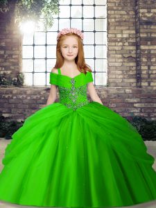 Ball Gowns Straps Sleeveless Tulle Floor Length Lace Up Beading Pageant Gowns For Girls