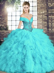 Floor Length Lace Up Sweet 16 Dress Aqua Blue for Military Ball and Sweet 16 and Quinceanera with Beading and Ruffles