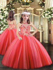 Great Coral Red Ball Gowns Appliques Little Girl Pageant Dress Lace Up Tulle Sleeveless Floor Length