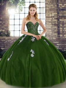 Fine Sleeveless Tulle Floor Length Lace Up 15th Birthday Dress in Olive Green with Beading and Appliques