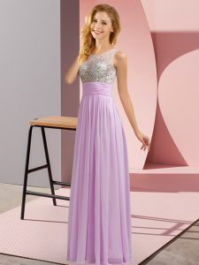 Edgy Lavender Empire Beading Quinceanera Court of Honor Dress Side Zipper Chiffon Sleeveless Floor Length