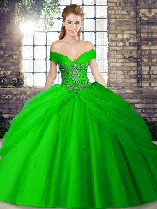 Lace Up Ball Gown Prom Dress Green for Military Ball and Sweet 16 and Quinceanera with Beading and Pick Ups Brush Train