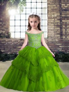 Sweet Green Sleeveless Floor Length Beading Lace Up Little Girls Pageant Dress