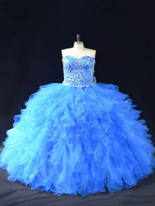 Blue Organza Lace Up Quinceanera Gown Sleeveless Floor Length Beading and Ruffles