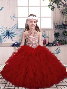 Dazzling Red Child Pageant Dress Party and Military Ball and Wedding Party with Beading and Ruffles High-neck Sleeveless Lace Up