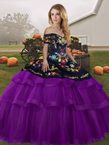 Chic Tulle Off The Shoulder Sleeveless Brush Train Lace Up Embroidery and Ruffled Layers Quinceanera Gown in Black And Purple