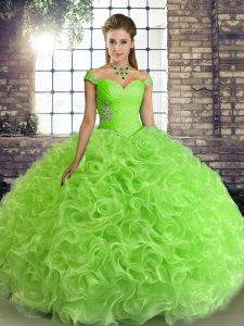 Super Fabric With Rolling Flowers Lace Up Off The Shoulder Sleeveless Floor Length 15th Birthday Dress Beading