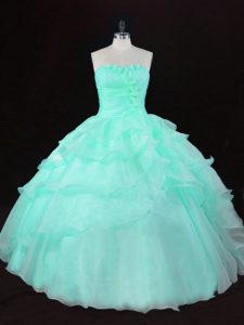Glamorous Sleeveless Organza Floor Length Lace Up Quinceanera Dress in Apple Green with Ruffles and Hand Made Flower