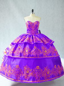 Purple Ball Gowns Embroidery and Ruffled Layers Sweet 16 Dress Lace Up Organza Sleeveless Floor Length