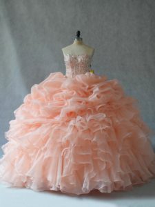 Peach Ball Gowns Strapless Sleeveless Organza Floor Length Lace Up Beading and Ruffles Quinceanera Dress