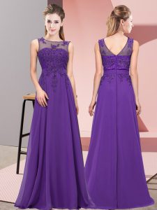 Lovely Scoop Sleeveless Quinceanera Court of Honor Dress Floor Length Beading and Appliques Purple Chiffon