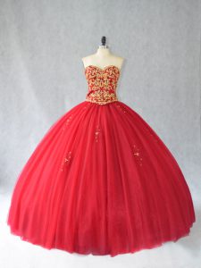 Cheap Tulle Sweetheart Sleeveless Brush Train Lace Up Beading 15 Quinceanera Dress in Red