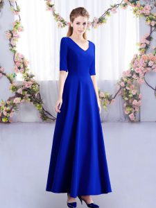 Pretty Royal Blue Half Sleeves Ruching Ankle Length Dama Dress for Quinceanera