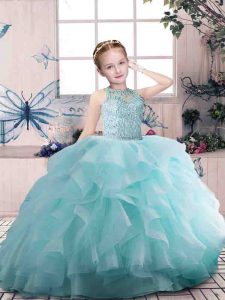 Aqua Blue Scoop Neckline Beading and Ruffles Child Pageant Dress Sleeveless Zipper