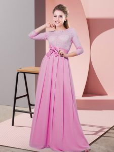 Discount Rose Pink Chiffon Side Zipper Damas Dress 3 4 Length Sleeve Floor Length Lace and Belt