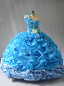 Extravagant Baby Blue Organza Lace Up Vestidos de Quinceanera Sleeveless Floor Length Pick Ups and Hand Made Flower