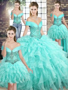 Ideal Organza Off The Shoulder Sleeveless Brush Train Lace Up Beading and Ruffles Quinceanera Dress in Aqua Blue