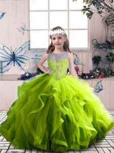 Olive Green Scoop Neckline Beading and Ruffles Child Pageant Dress Sleeveless Lace Up