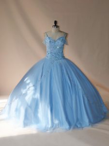 Beauteous Blue and Light Blue Sweet 16 Dresses Sweet 16 and Quinceanera with Beading V-neck Sleeveless Brush Train Lace Up